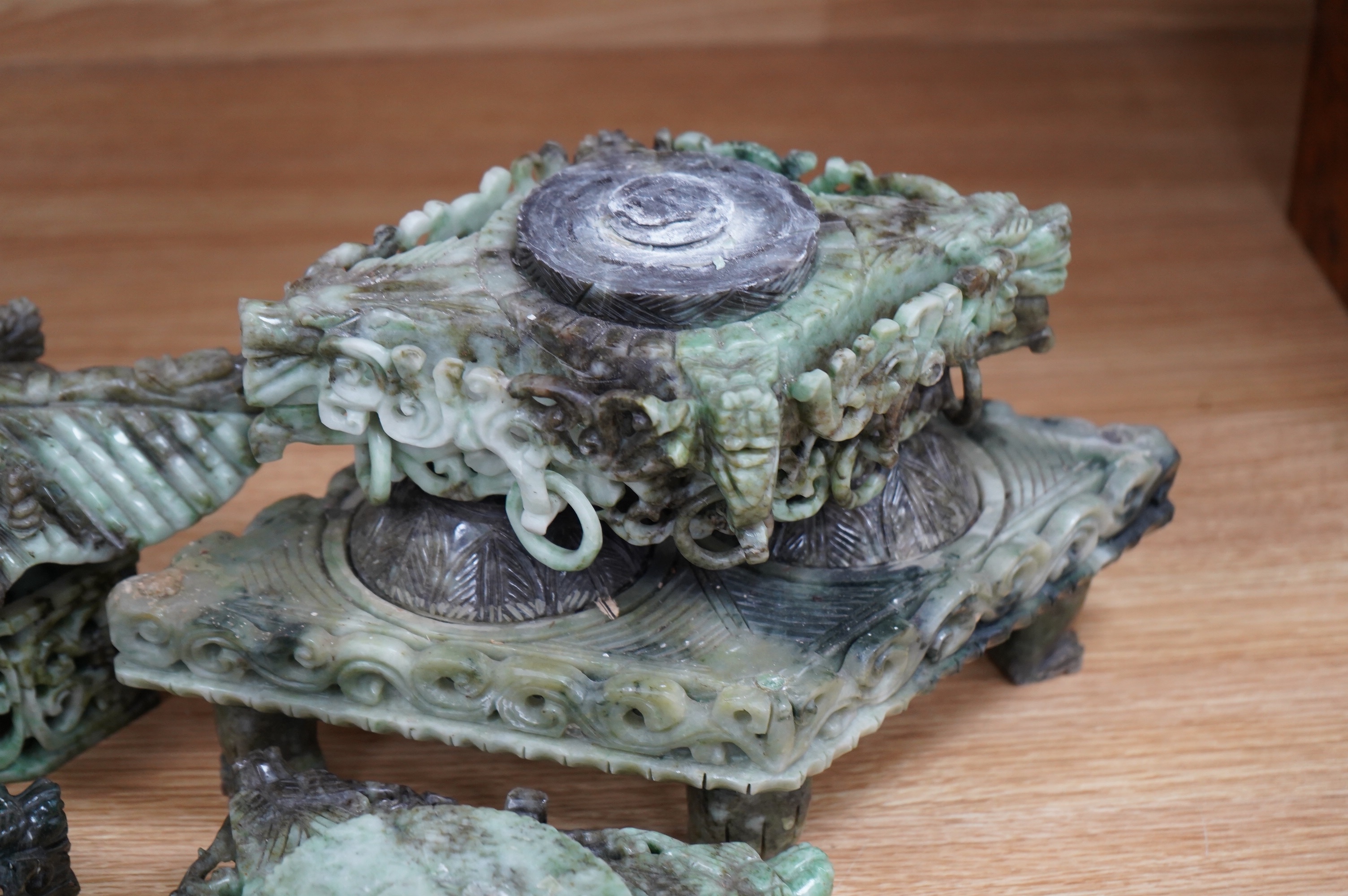 A large Chinese jadeite model of a pagoda, 32cm wide. Condition - poor